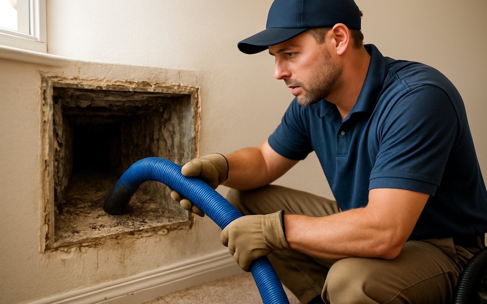 Air duct caked with dust and debris before cleaning