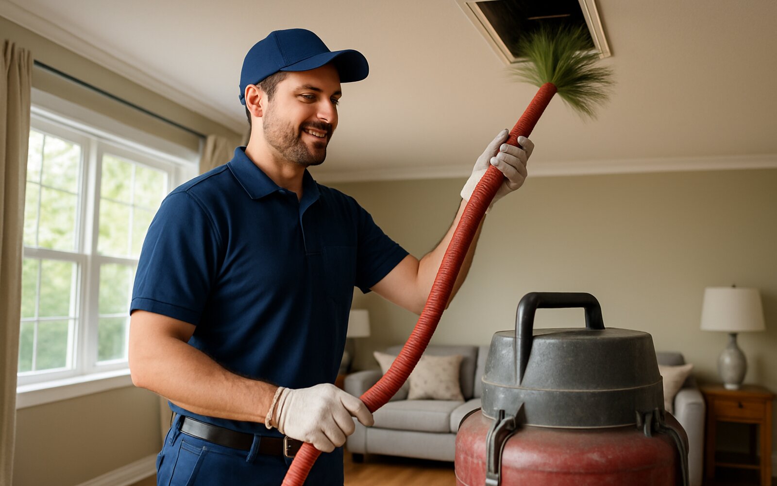 Technician cleaning a home air duct system