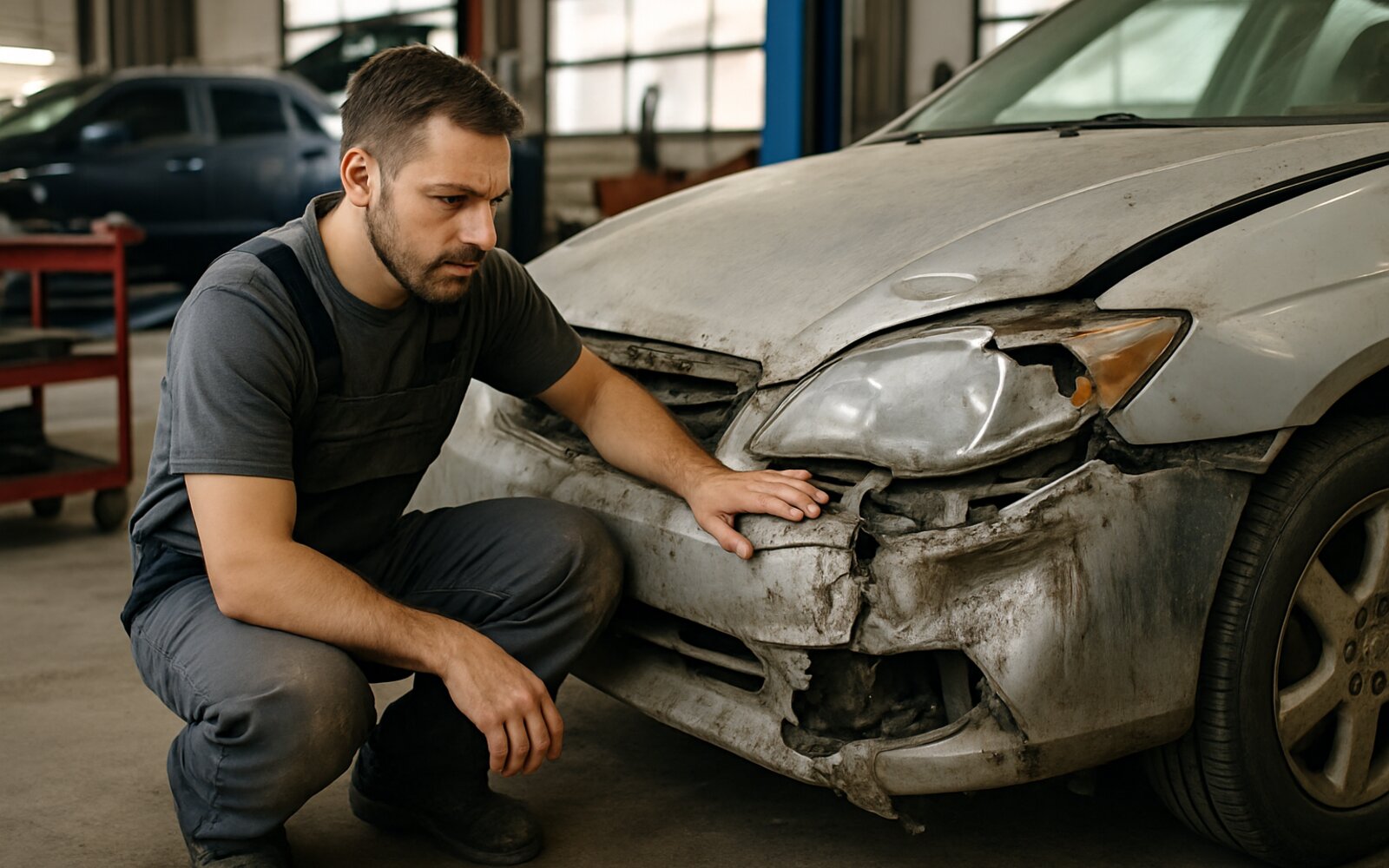 Car with crumpled panel before collision repair