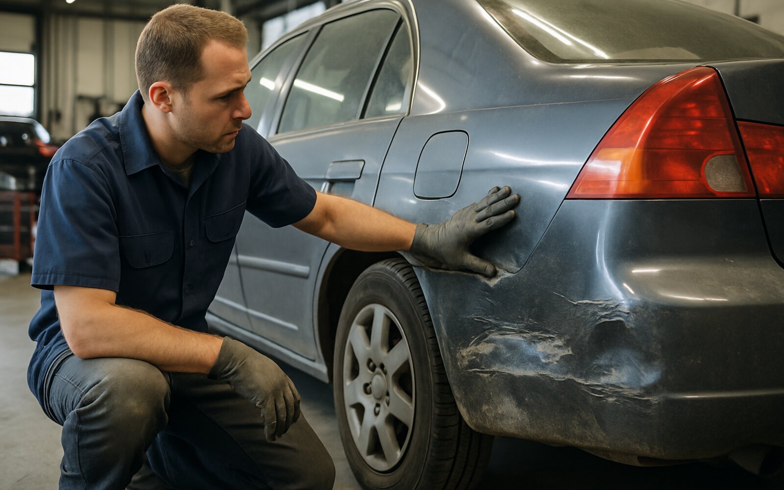 Deep dent in a car door before repair