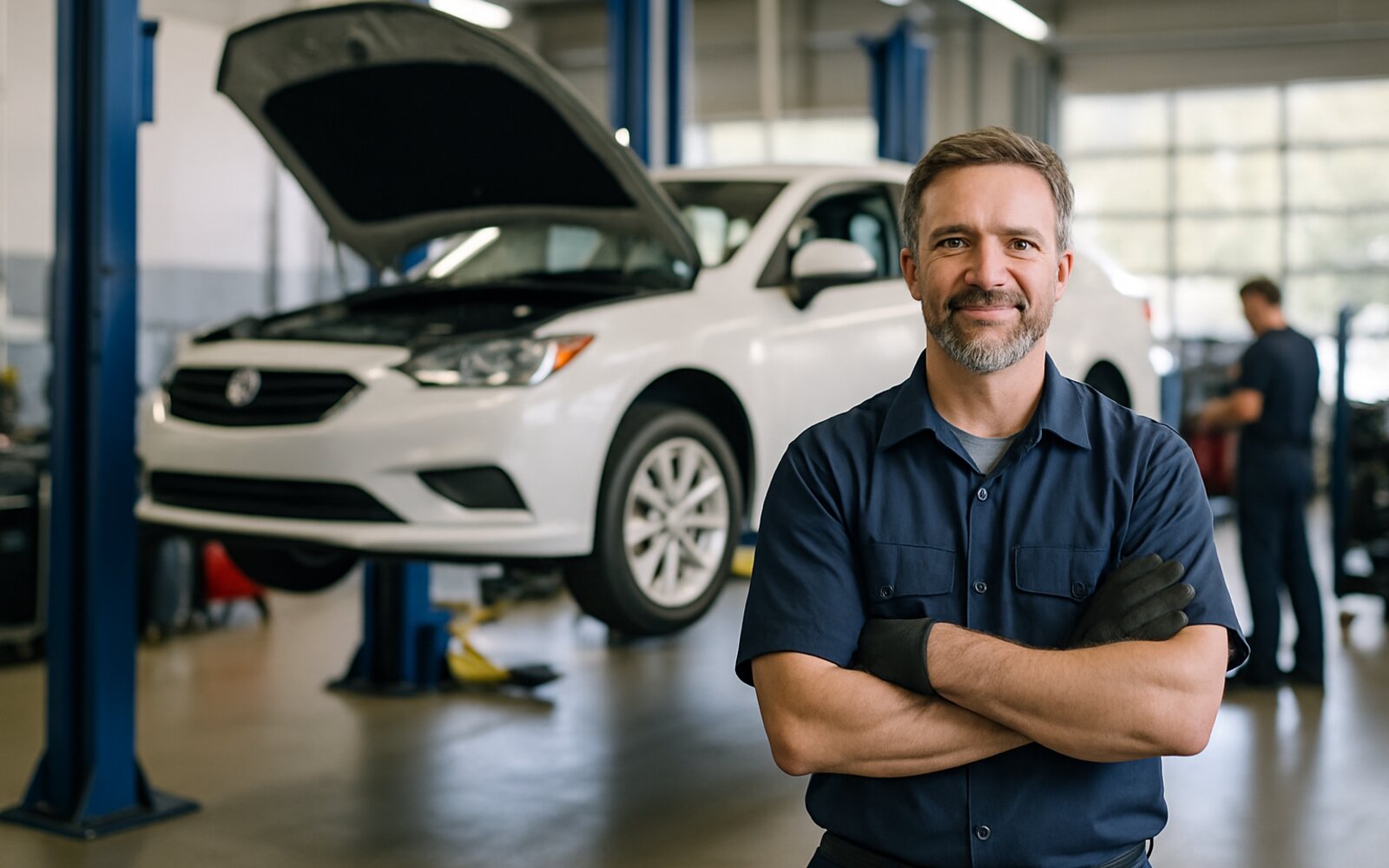 Technician working under a car in a clean auto repair shop
