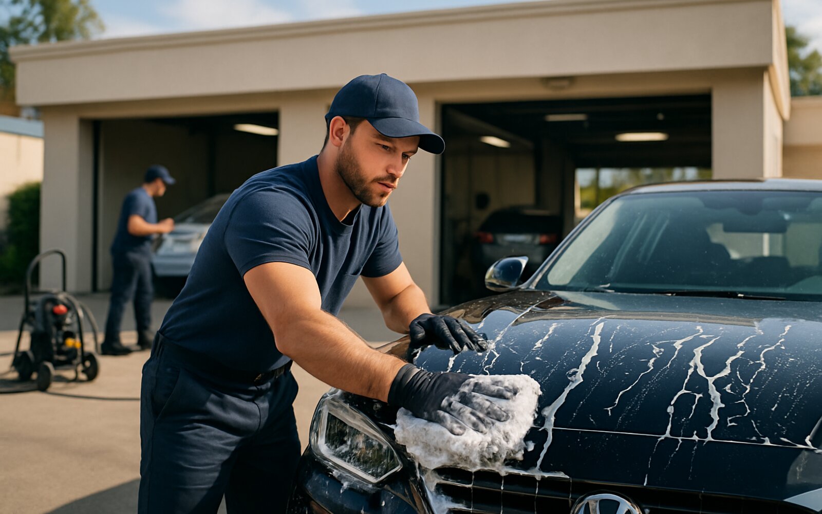 Car being washed with foaming soap and water
