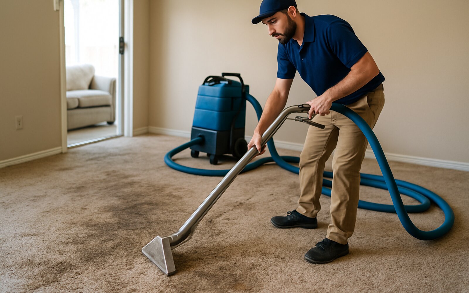 Gray matted carpet traffic lane before cleaning