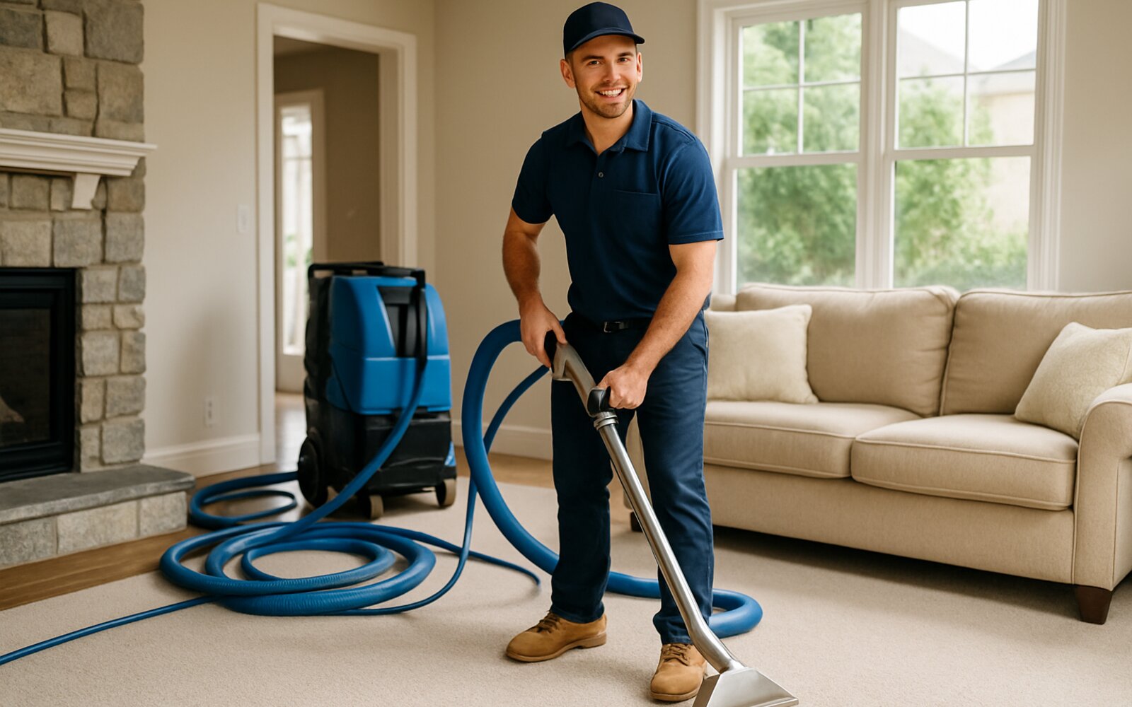 Freshly steam-cleaned living room carpet
