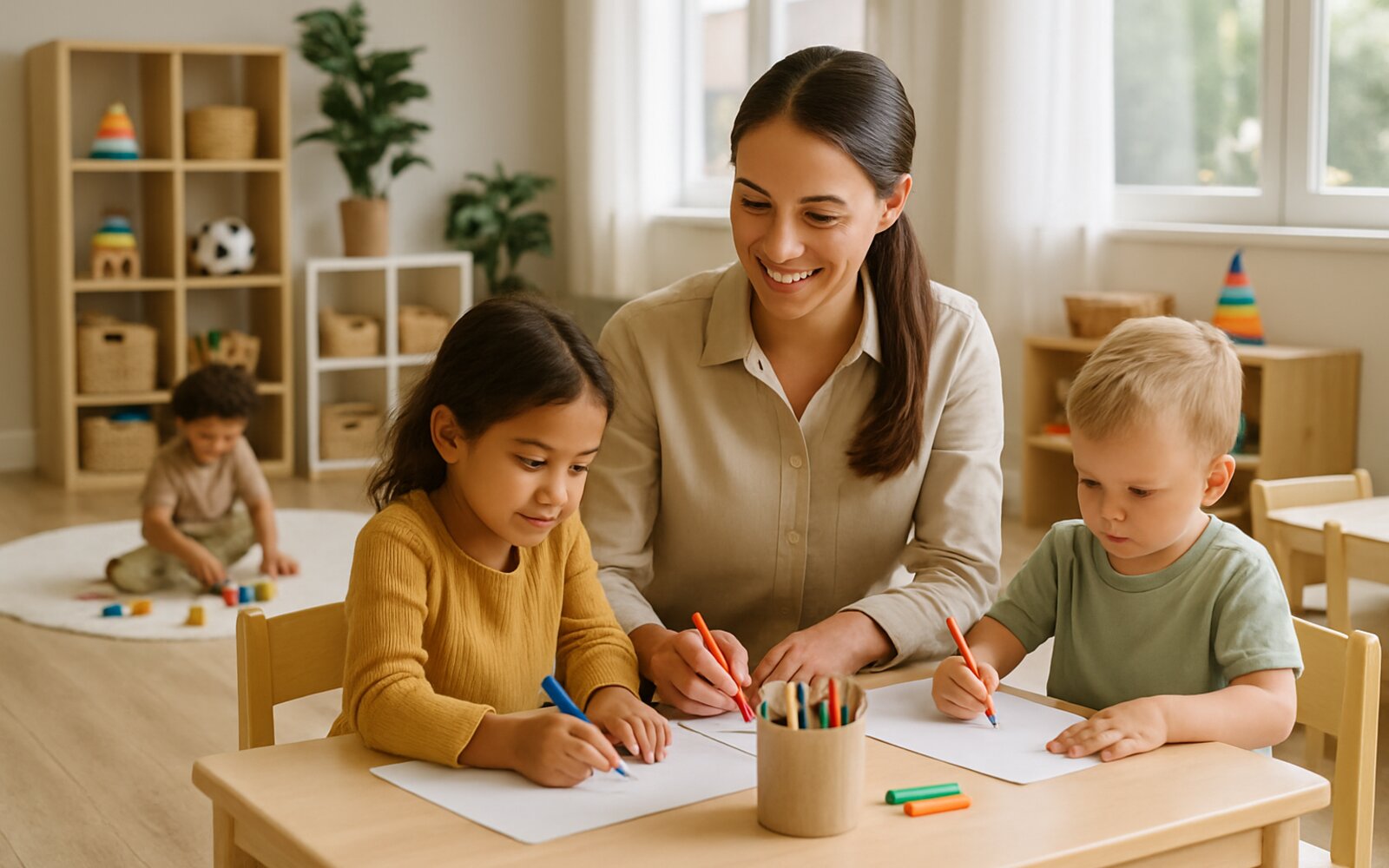 Children playing and learning in a bright classroom