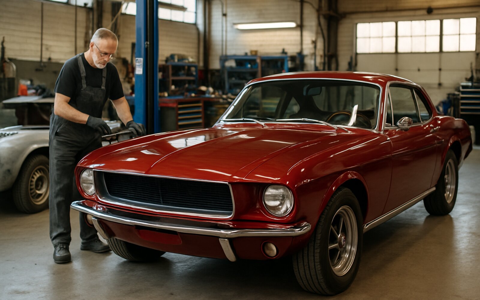 Fully restored classic car in a workshop