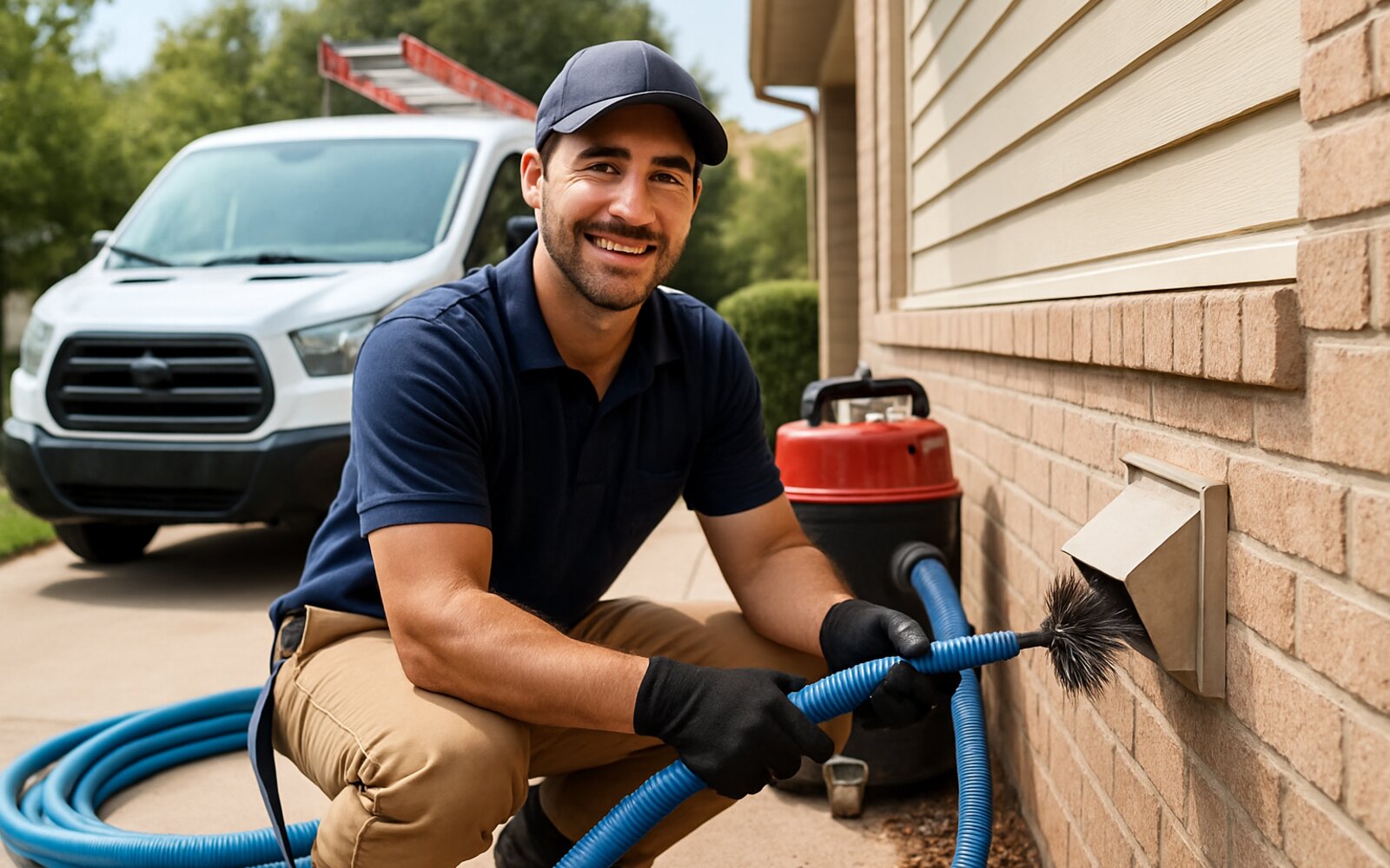Technician cleaning a home dryer vent full of lint