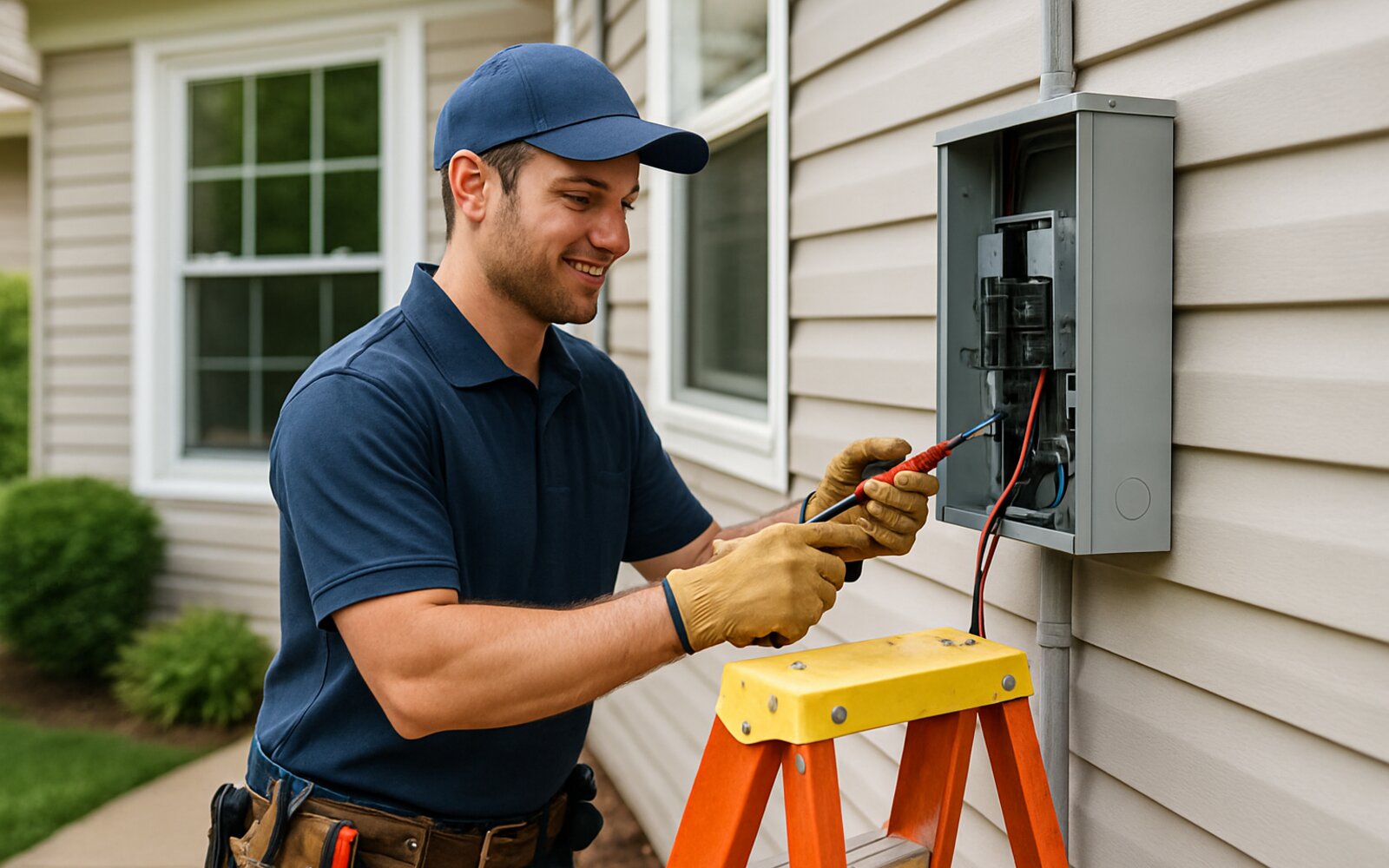 Licensed electrician working inside an electrical panel