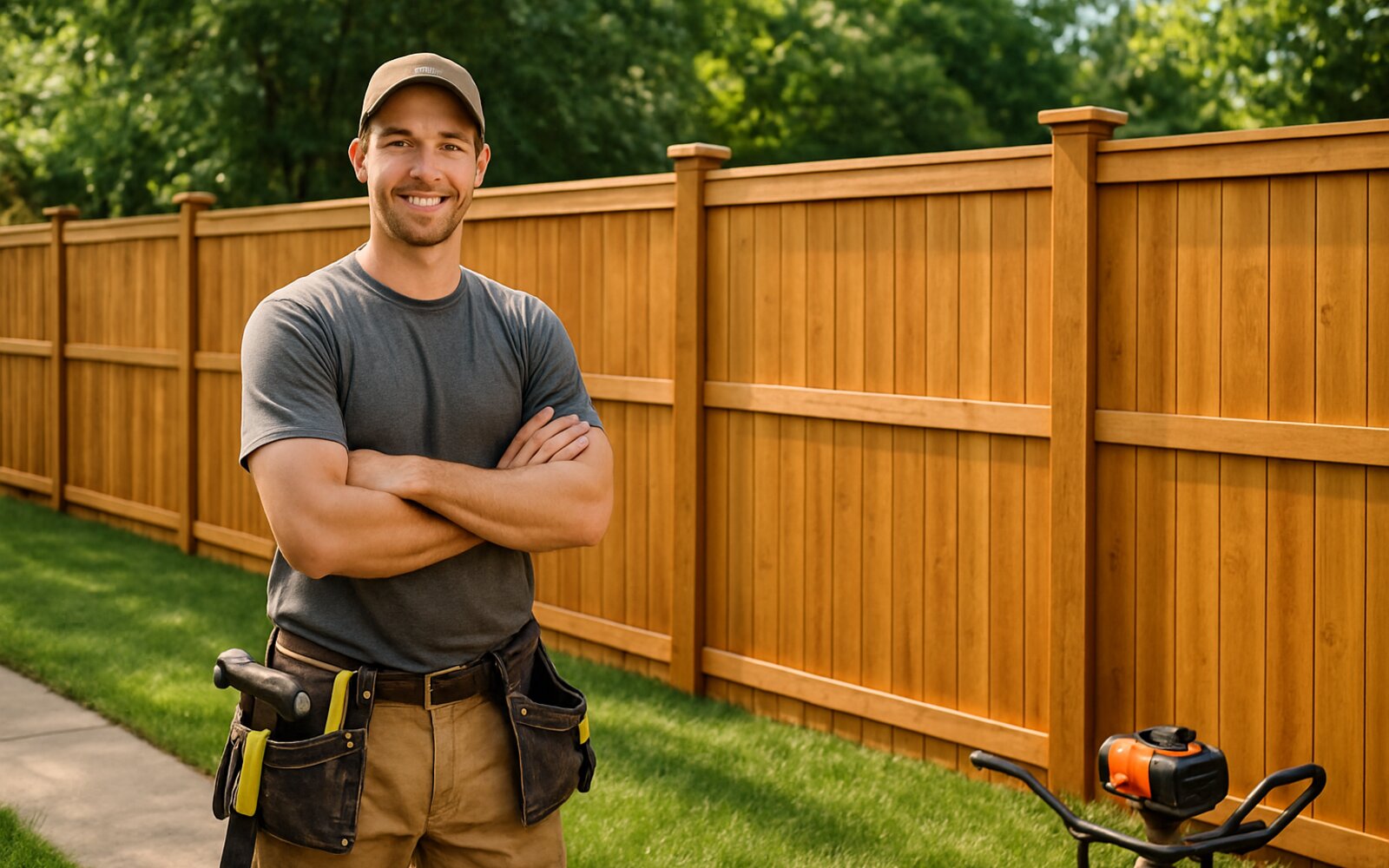 Straight new wood fence after installation