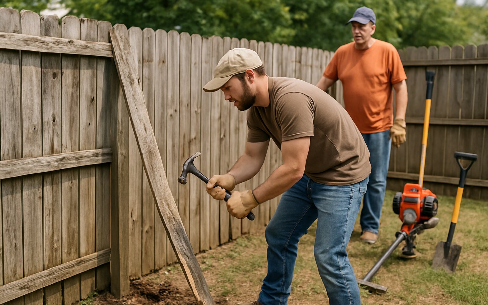 Old leaning weathered fence before replacement