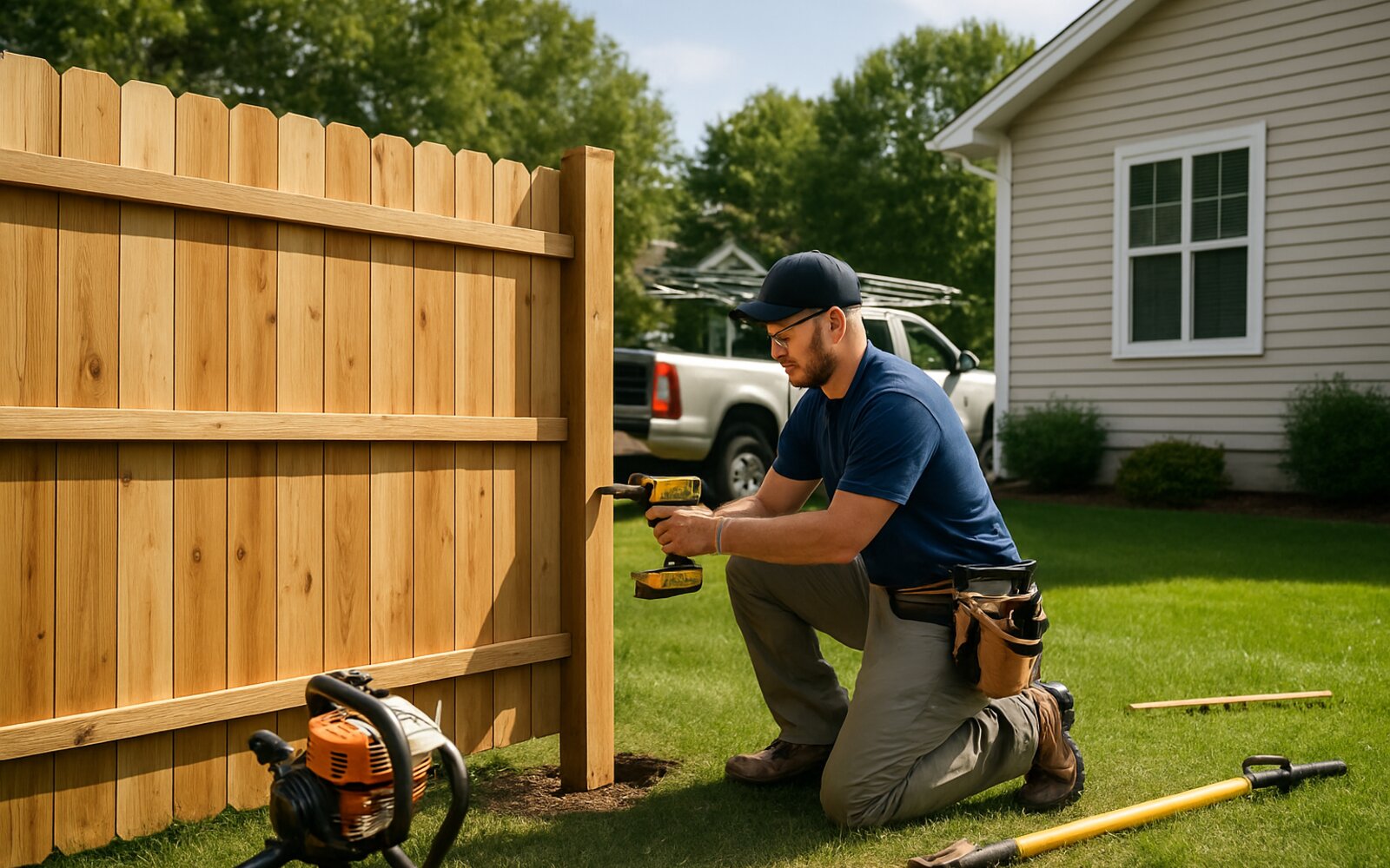 New wood privacy fence along a backyard