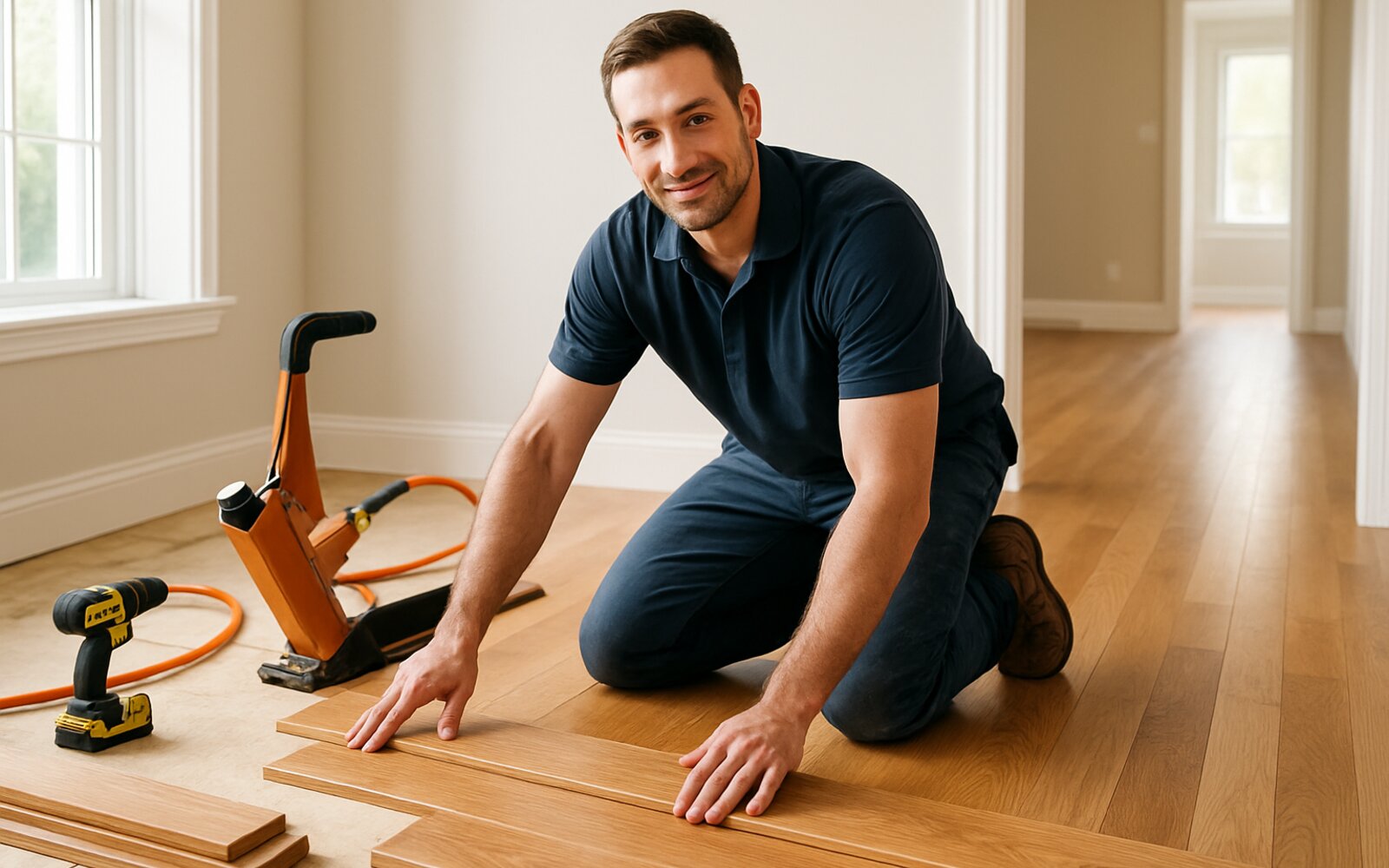 Newly installed hardwood flooring in a living room