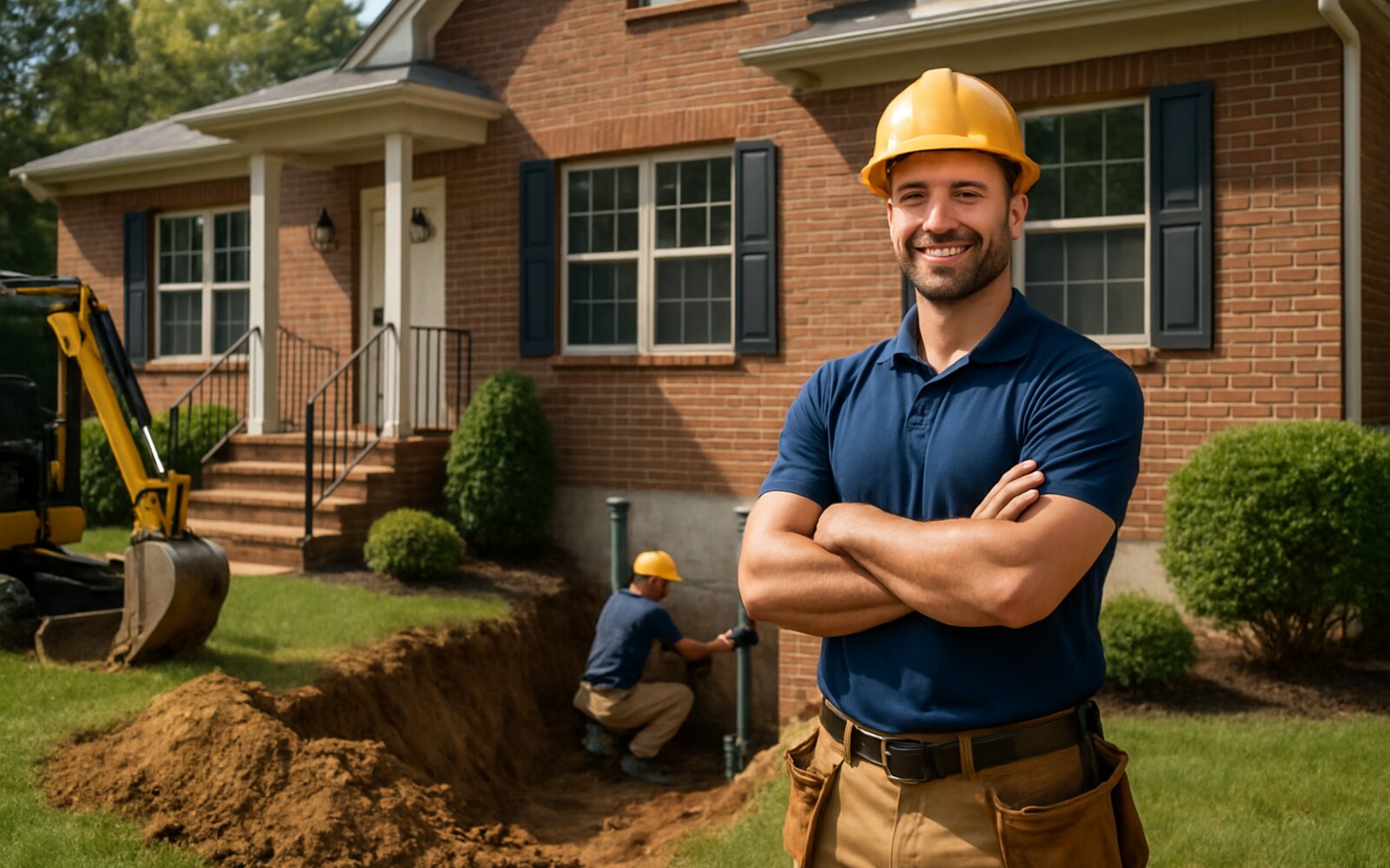 Foundation repair crew leveling a home