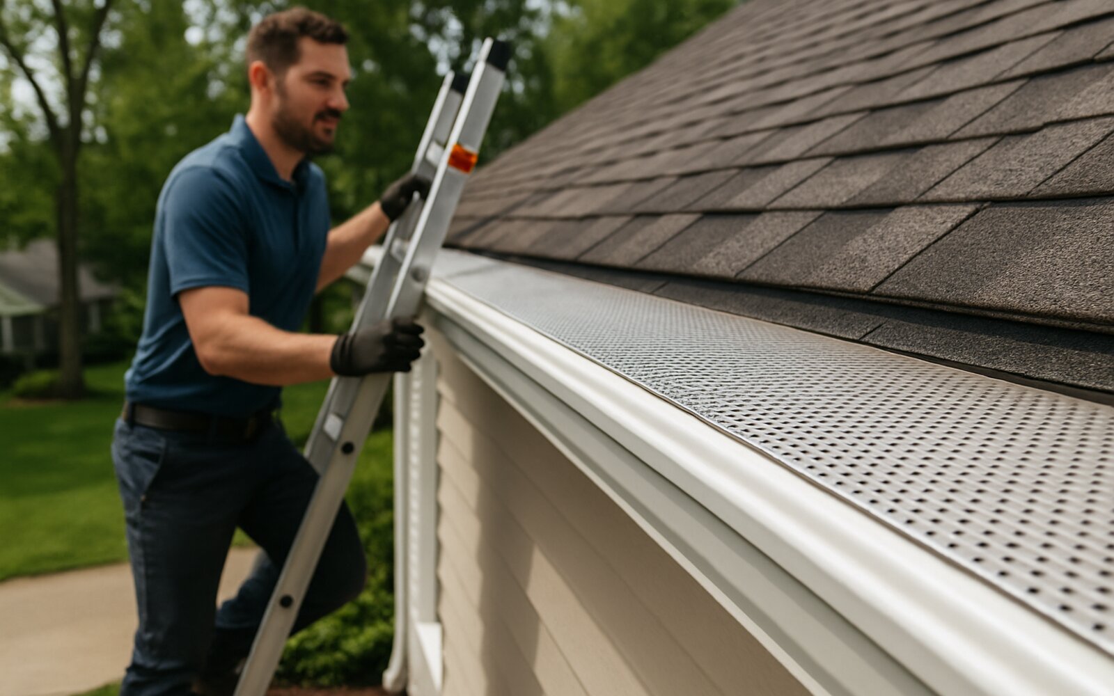 Gutter protected with leaf guards after install