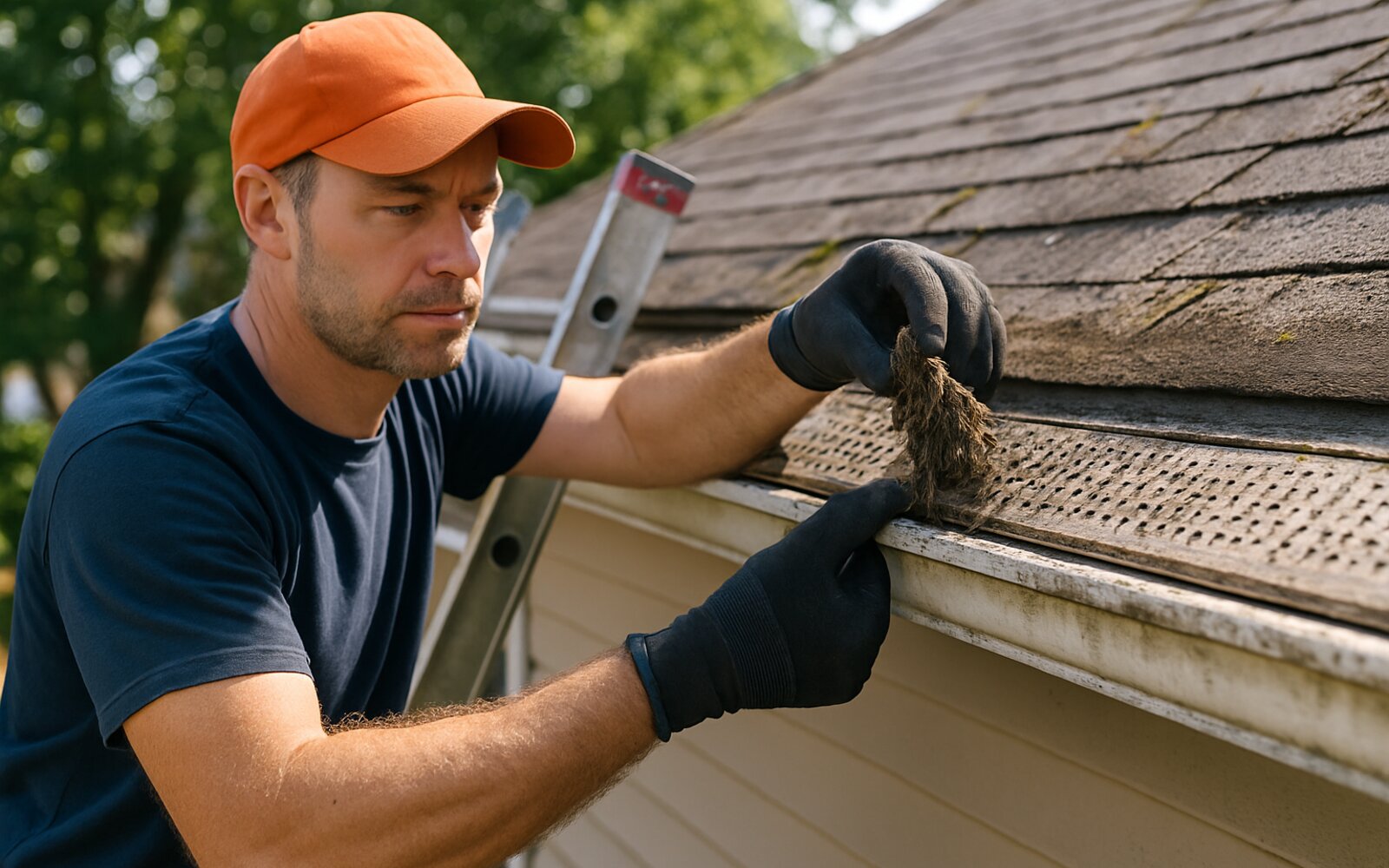 Open gutter filled with leaves before guards