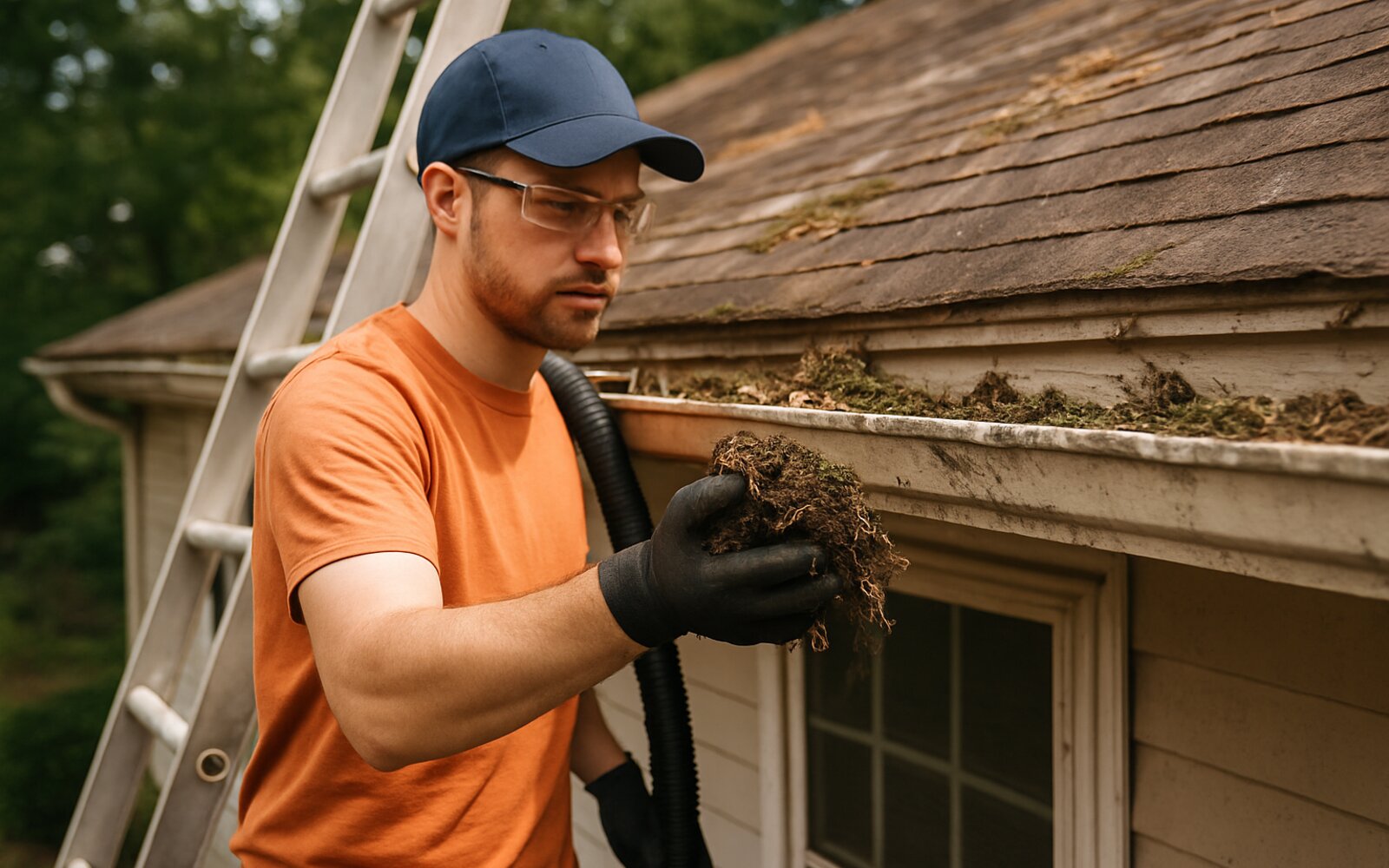 Gutter packed with leaves and debris before cleaning