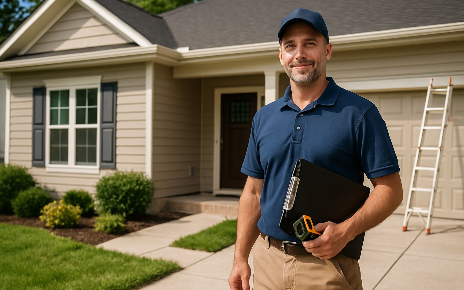 Home inspector reviewing a house exterior