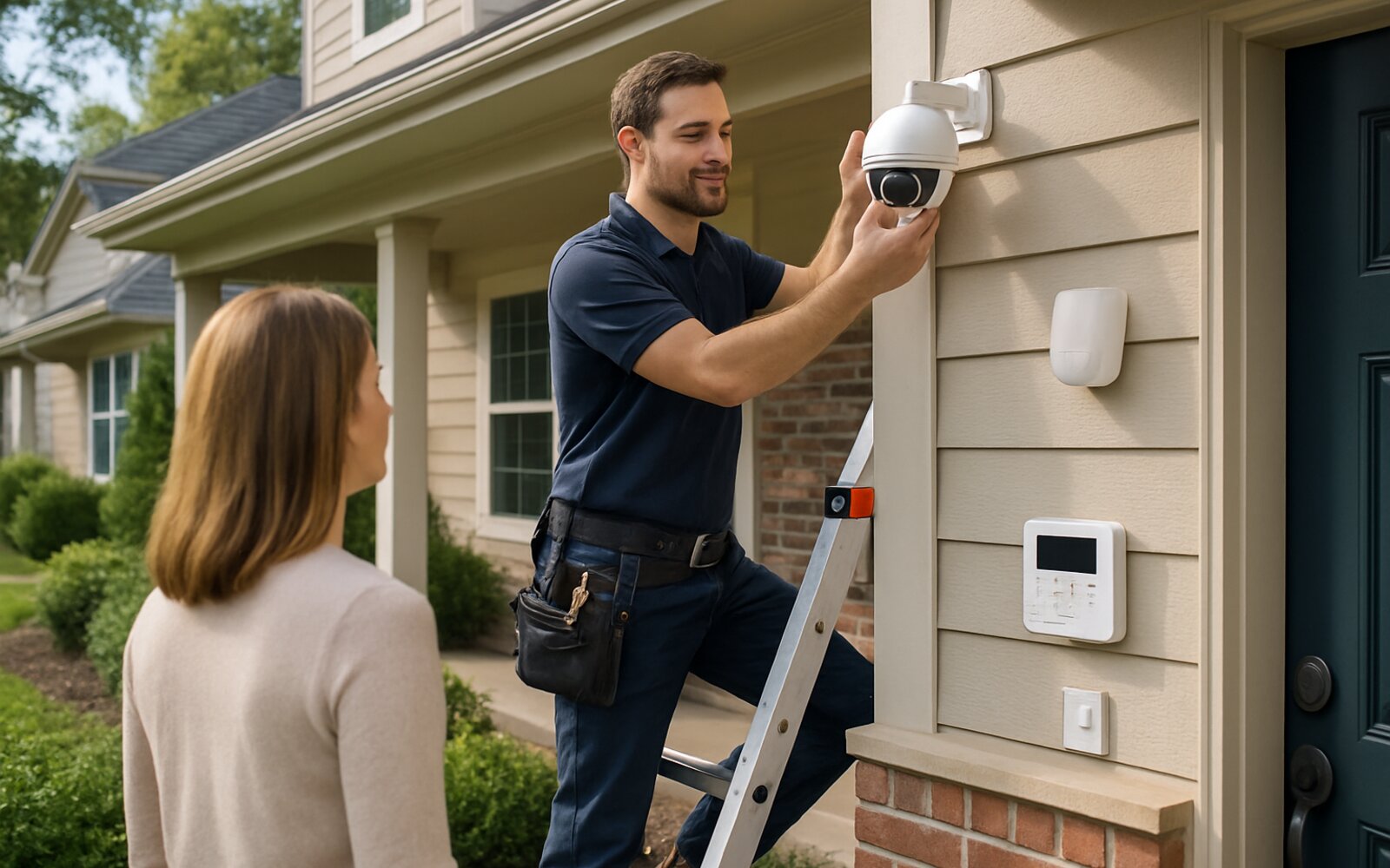 Home security camera and smart panel installed on a house