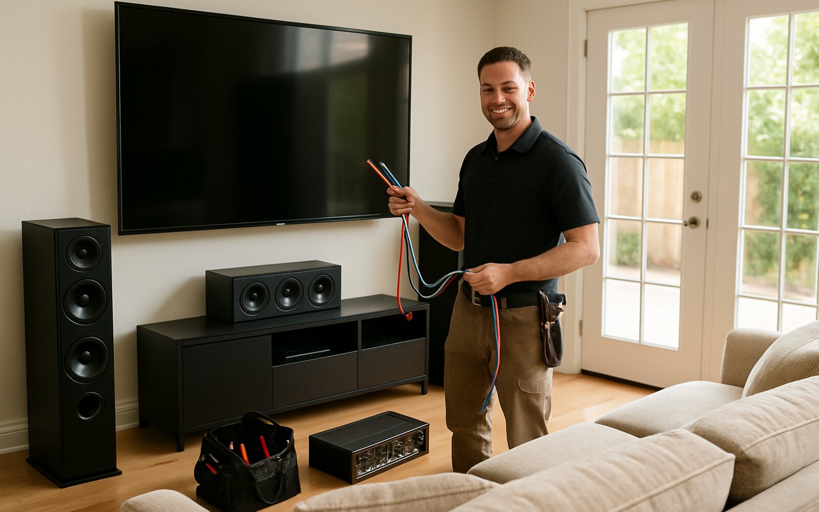 Home theater with large screen and surround speakers