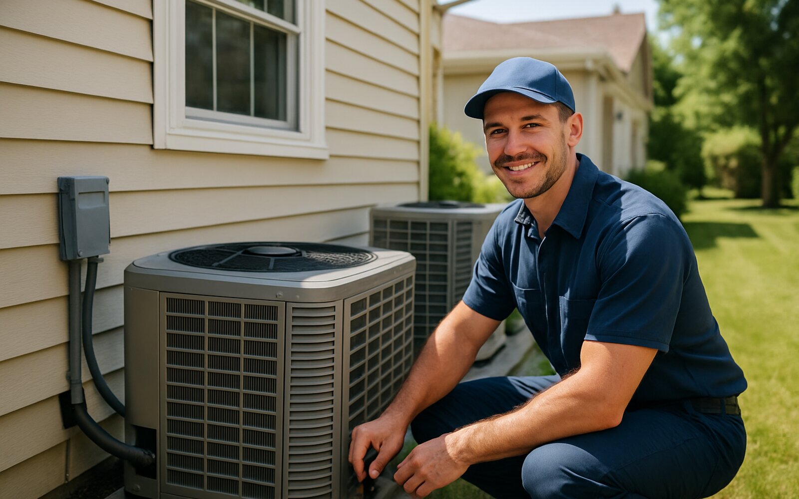 HVAC technician servicing a home air conditioning system
