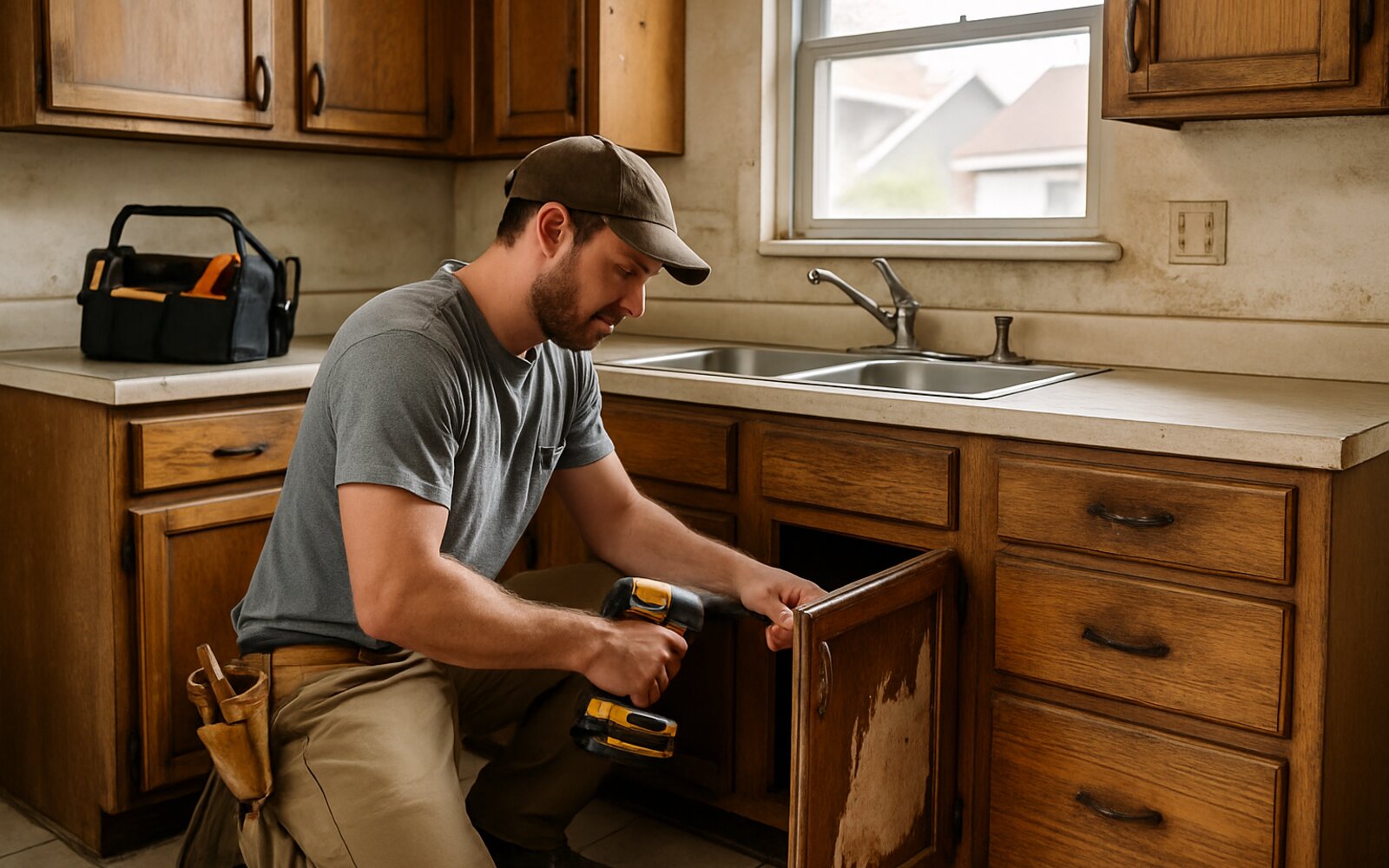 Dated cabinets before remodel