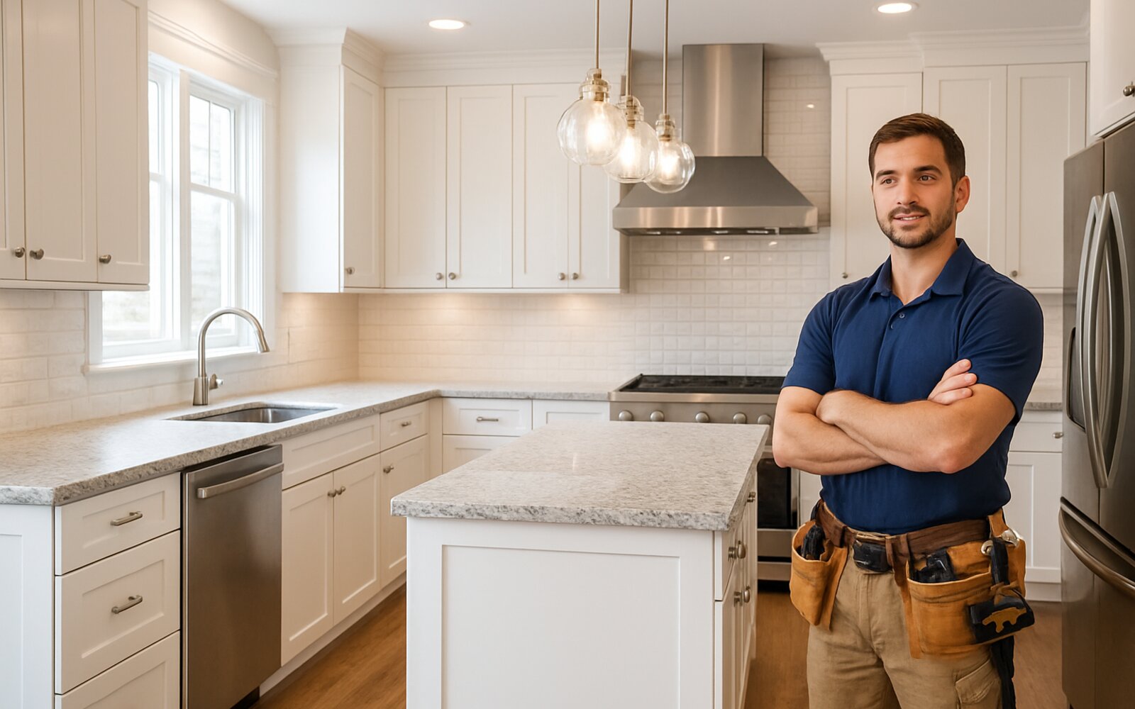 Open kitchen with island after remodel
