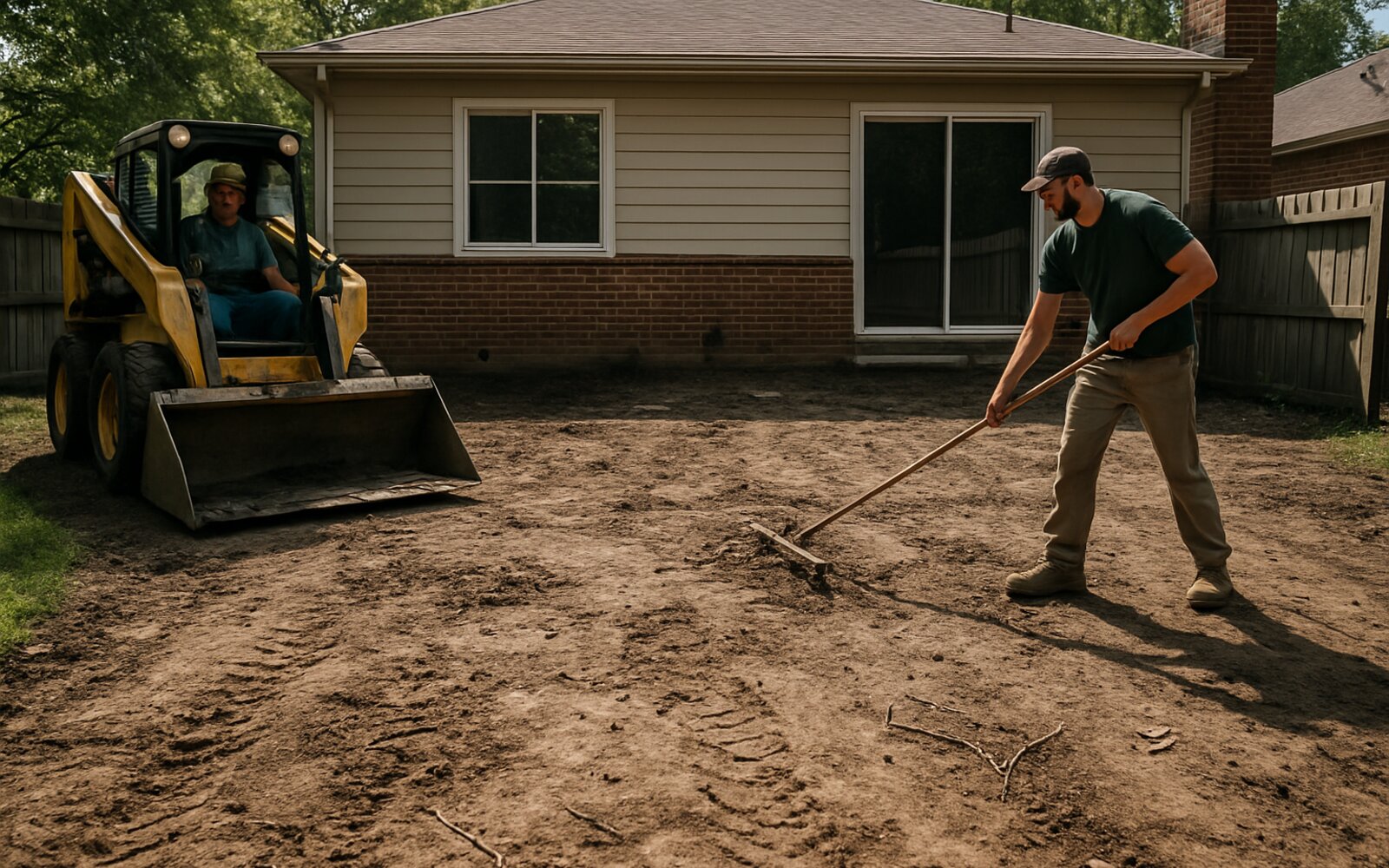 Backyard graded and prepped with fresh soil before sod installation