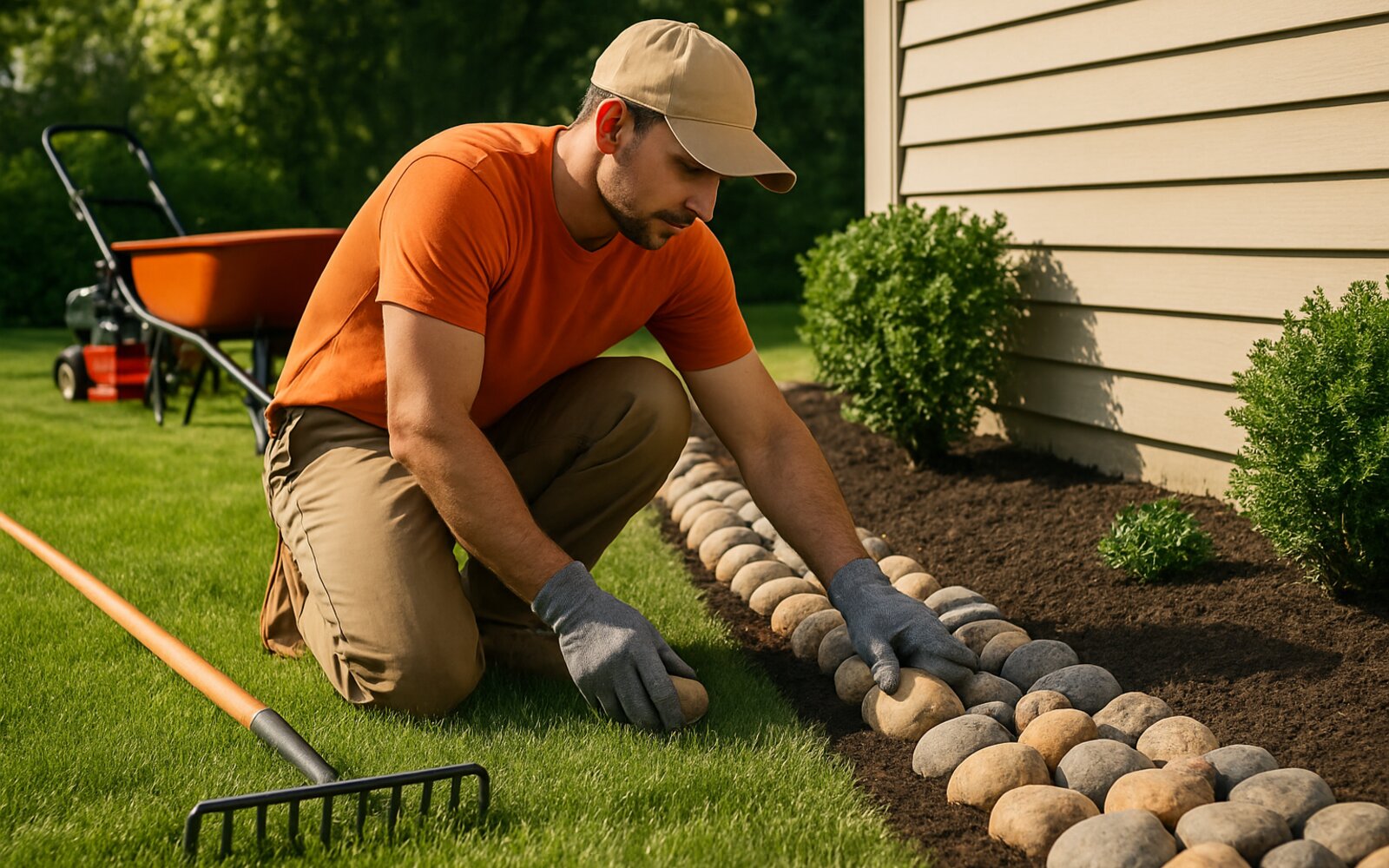 New lawn with curved river-rock border
