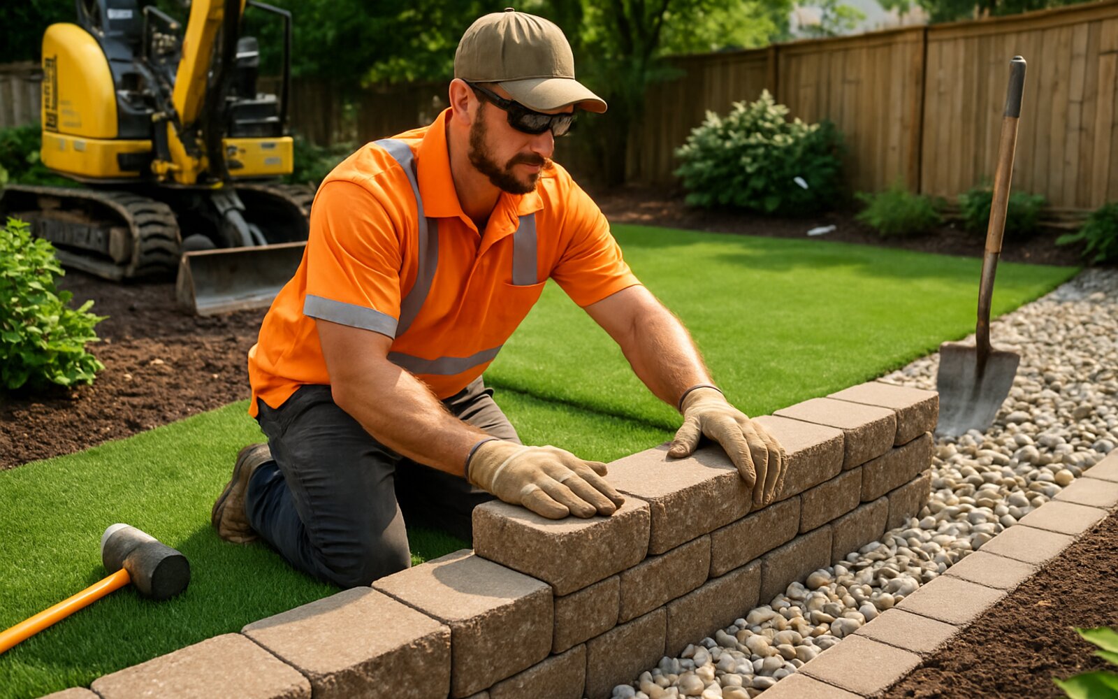 Retaining wall, rock, and turf landscaping project