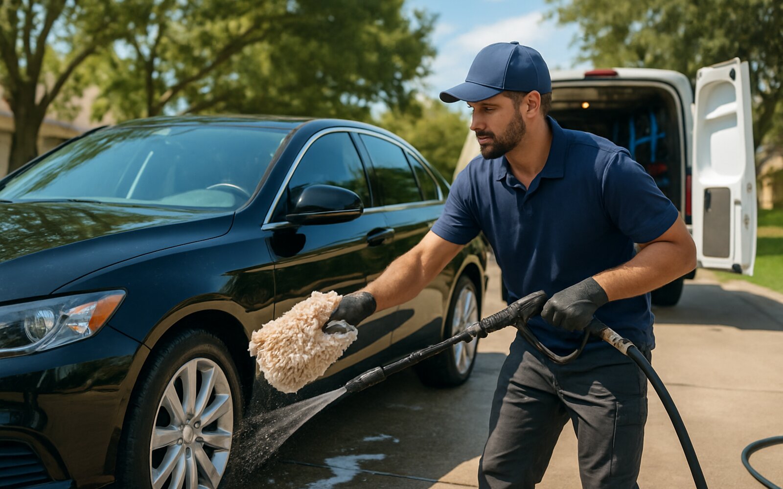 Mobile detailer washing a car in a home driveway
