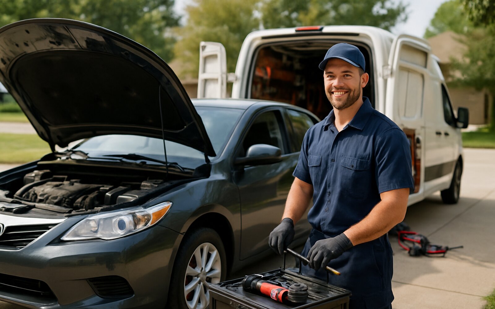 Mobile mechanic working on a car in a driveway
