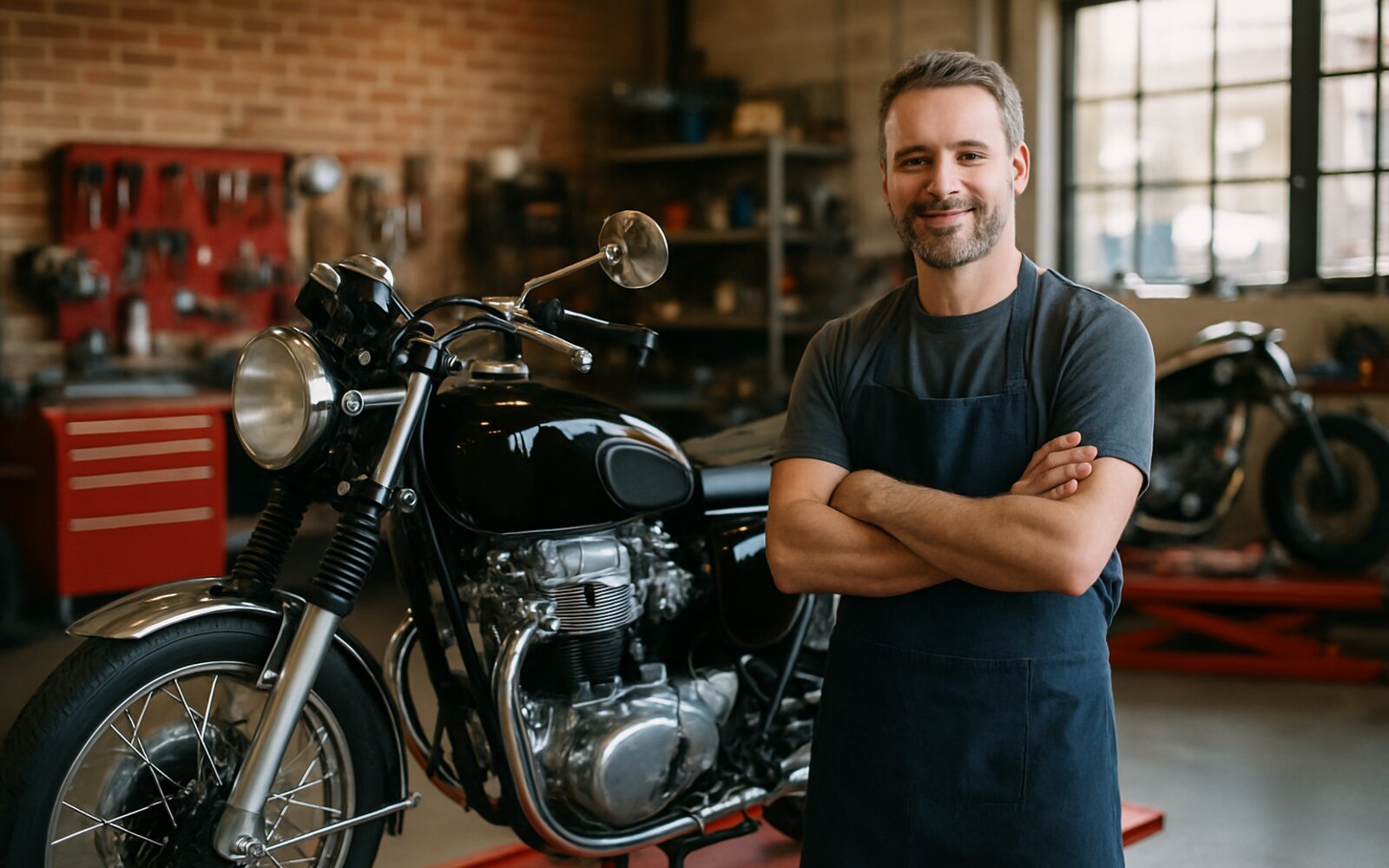 Restored vintage motorcycle in a workshop