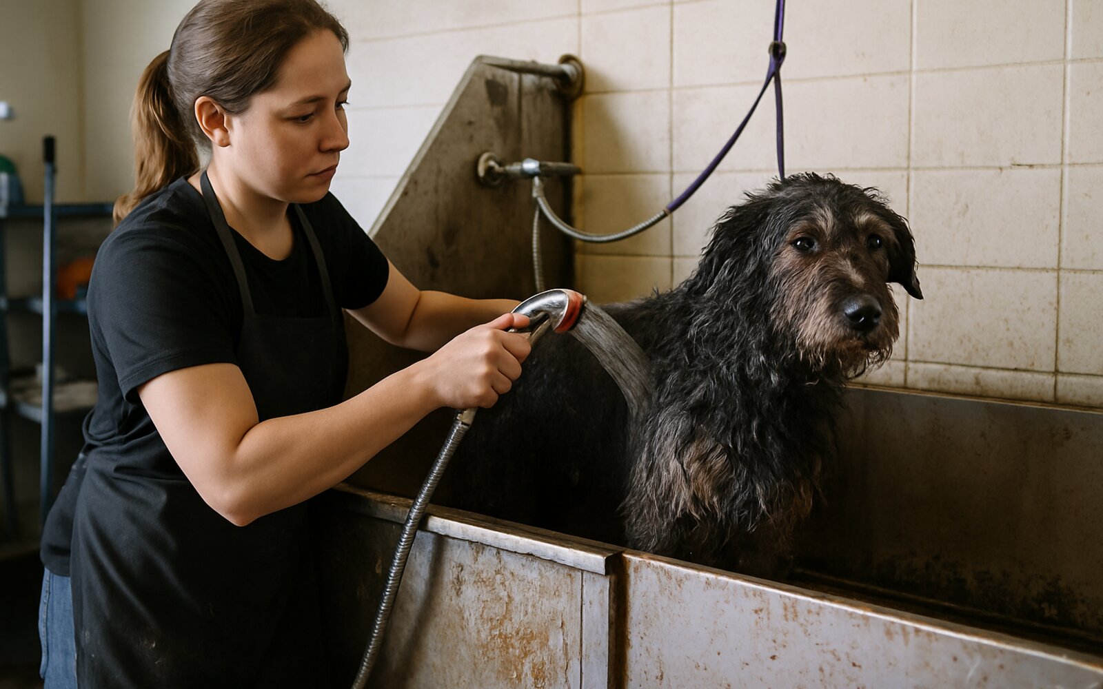 Muddy dog before a bath