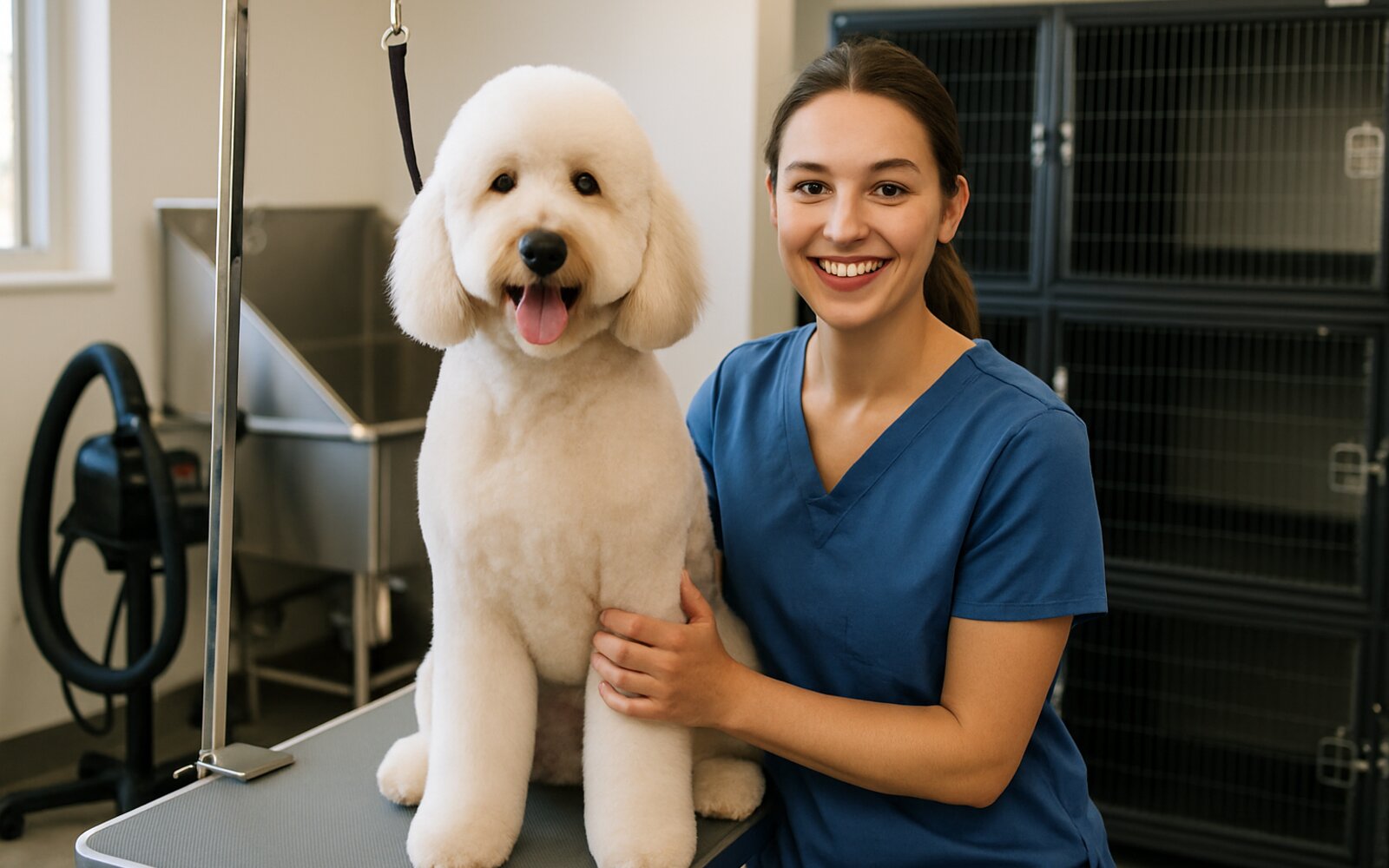 Same dog with a soft, neatly trimmed coat after grooming