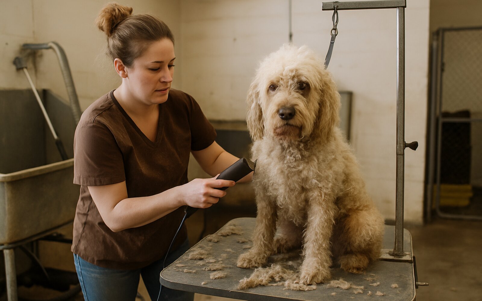 Dog with a matted, overgrown coat before grooming