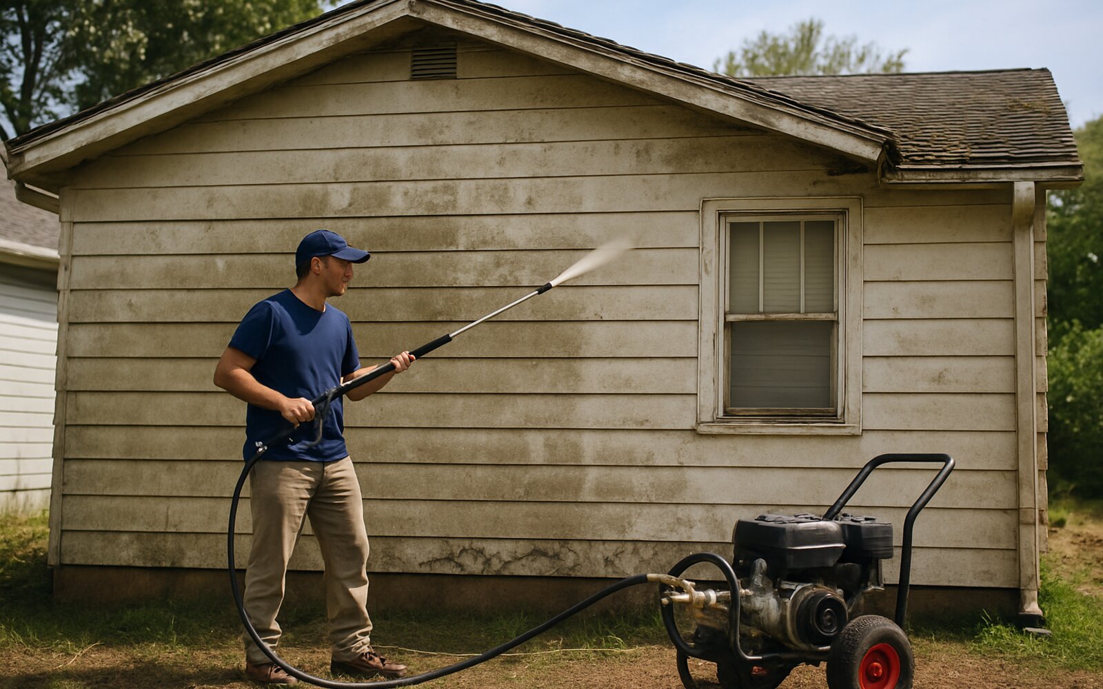 Algae-covered siding before soft washing