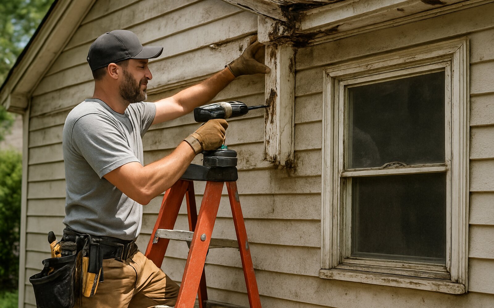 Rotted damaged fascia and trim before repair