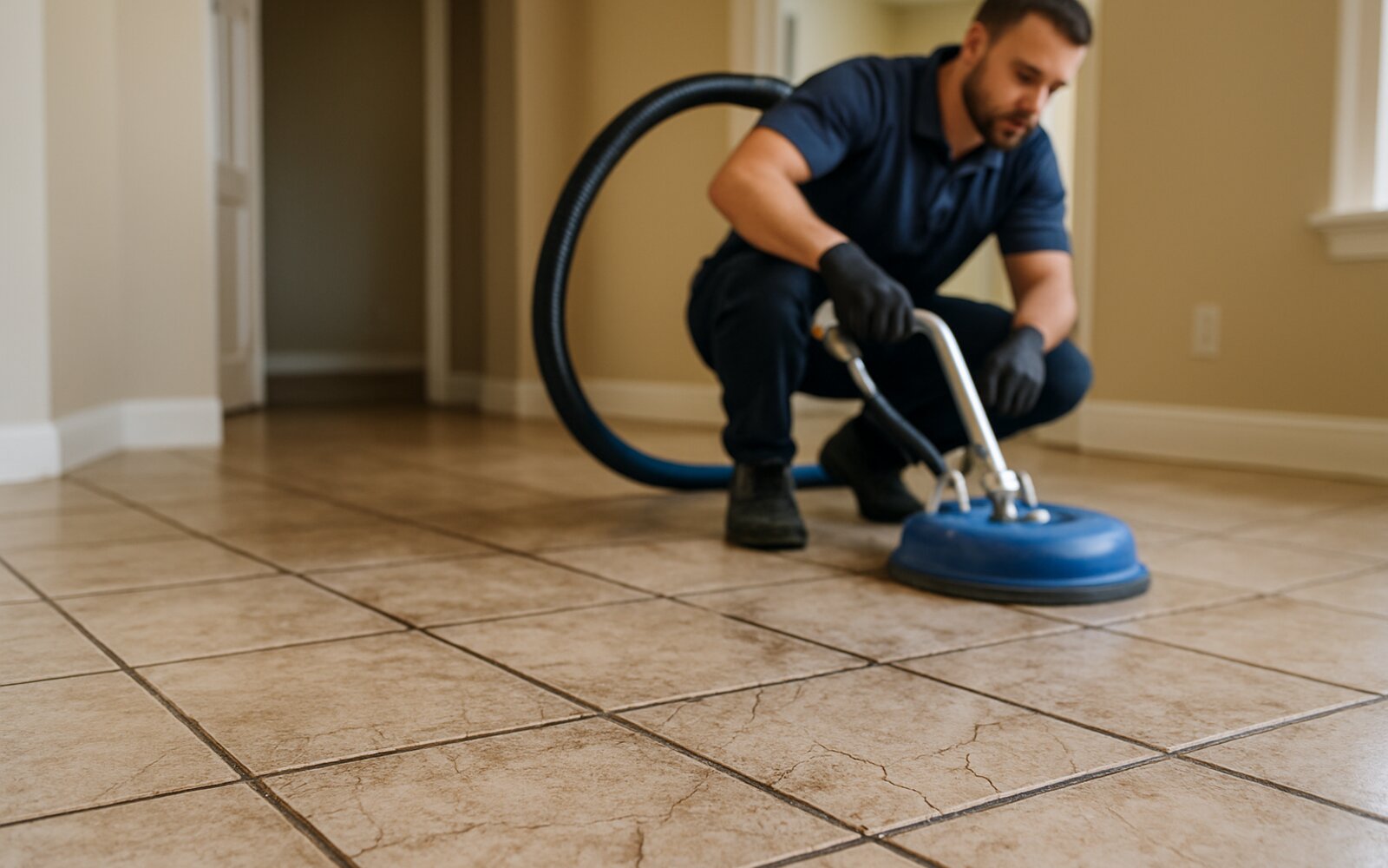 Dark stained grout lines before cleaning
